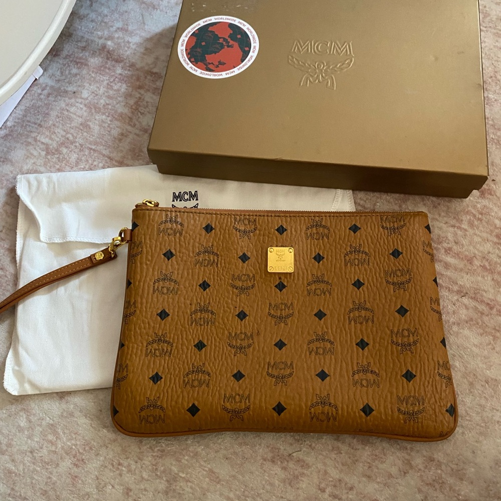 MCM Tan Visetos Pouch with Gold Accents
